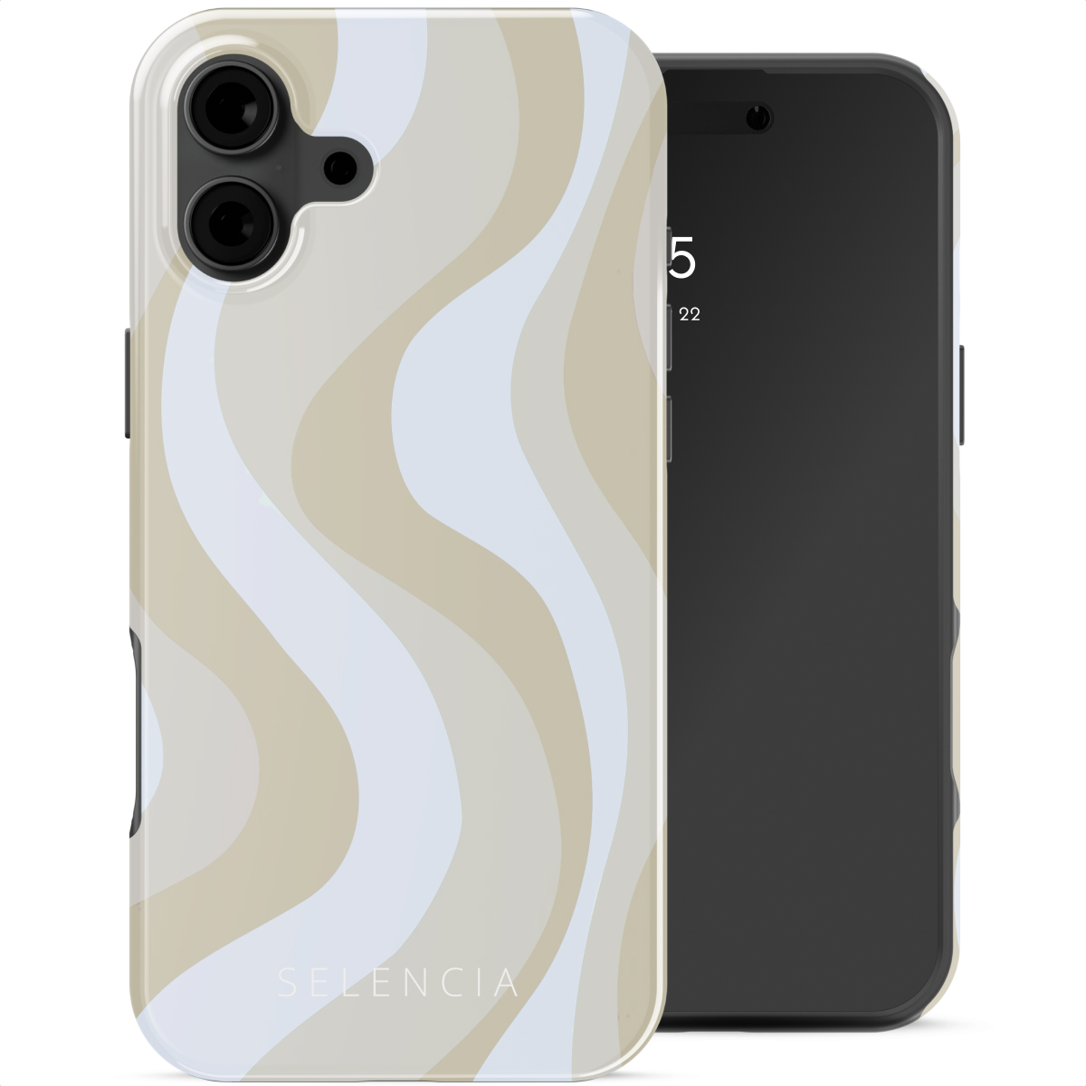 Un telefono con una custodia a onde beige, bianca e azzurra. Accanto, un telefono nero con l'ora sullo schermo.