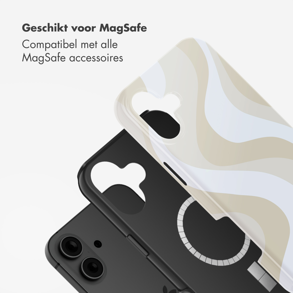 Un telefono con una custodia a onde viene montato. La custodia è bianca e beige. Il telefono è nero.