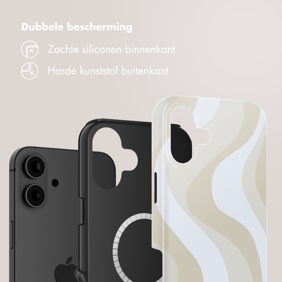 Tre custodie per telefono: nera, nera con cerchio bianco e beige con linee ondulate bianche, su sfondo rosa.