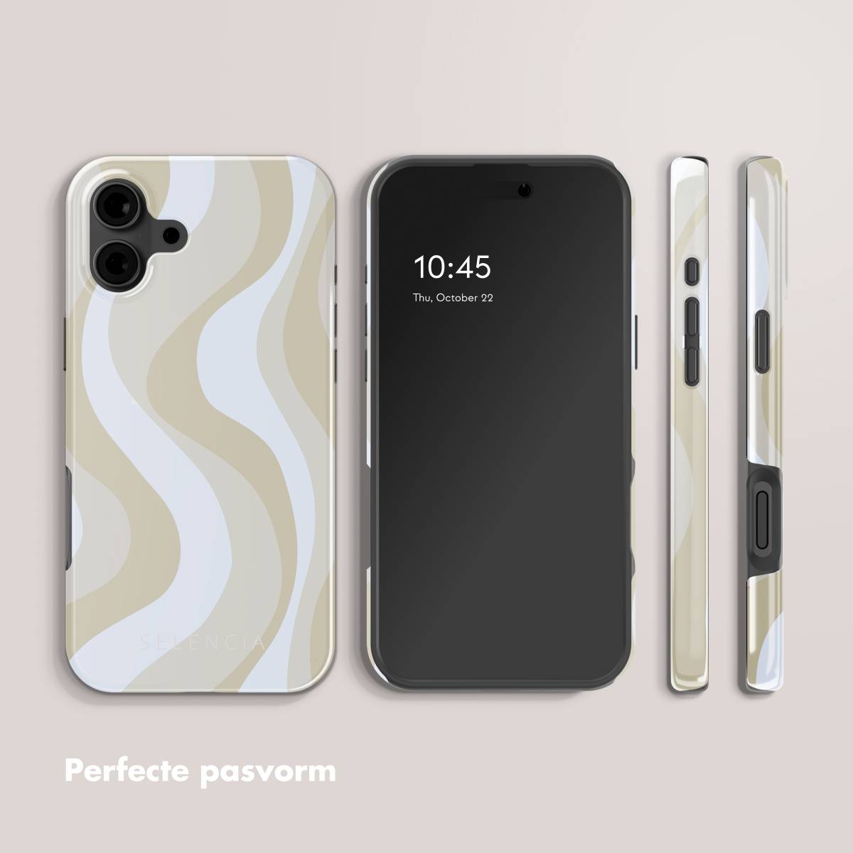 Un telefono e tre custodie con un motivo a onde beige, bianco e azzurro. Il telefono mostra l'ora 10:45.