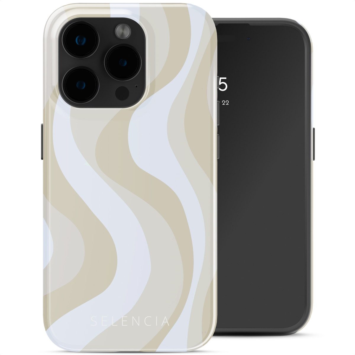 Un telefono con una custodia ondulata beige e bianca. Il telefono a destra è nero e mostra l'ora. Il marchio 'Selencia' è visibile.