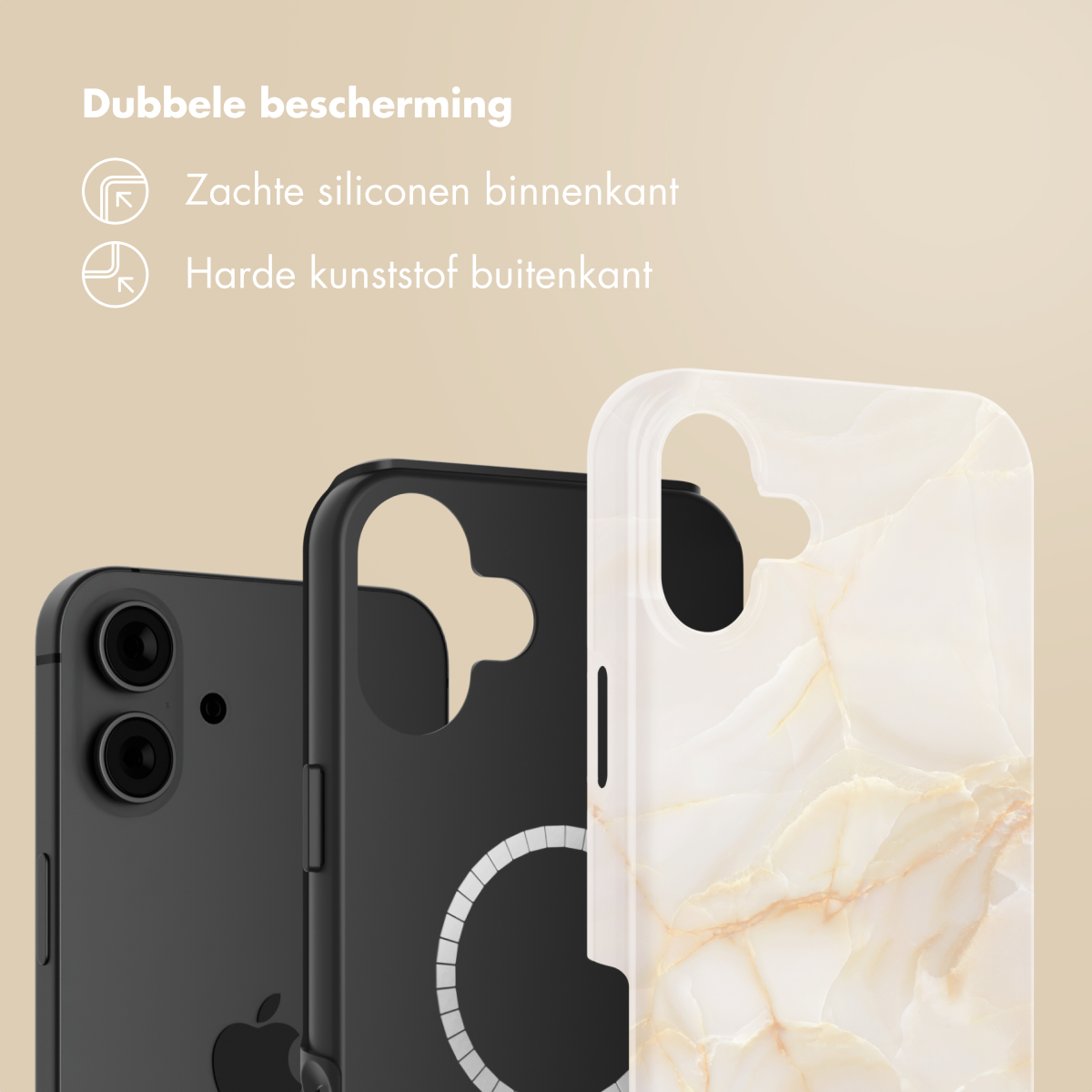 Tre custodie per telefono: nera, nera con anello bianco e motivo marmoreo. Testo olandese: 'Doppia protezione', 'Silicone morbido all'interno' e 'Plastica dura all'esterno'.