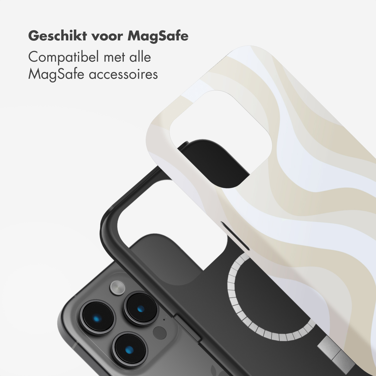 Un telefono con custodia protettiva. La custodia è rimossa, mostrando la fotocamera del telefono e l'anello magnetico. La custodia ha un design ondulato.