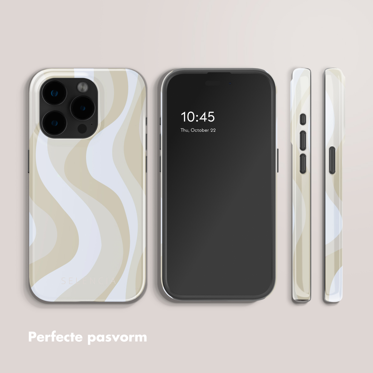 Un telefono con tre custodie che mostrano fronte, lato e retro. Le custodie hanno un motivo a onde beige e bianco.