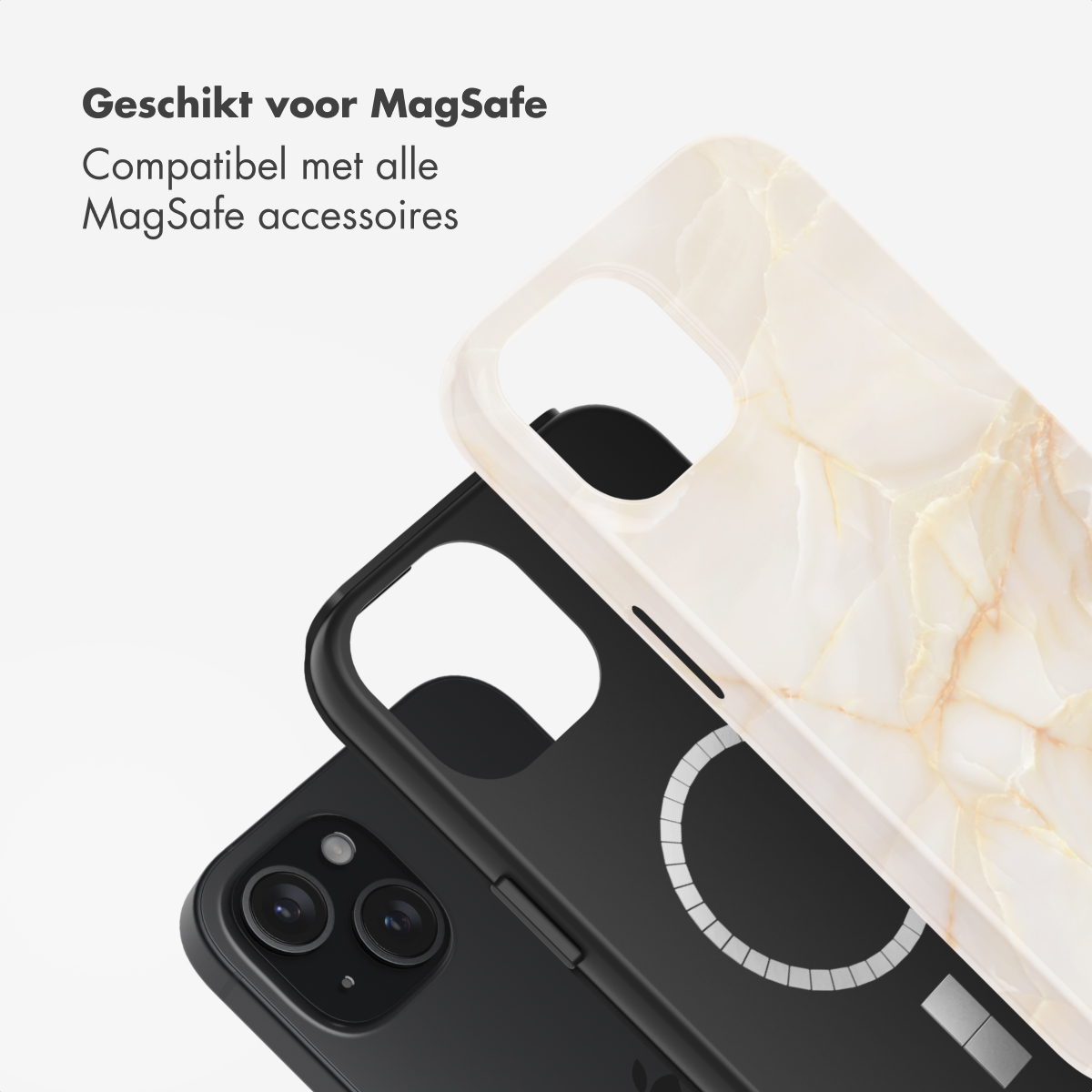 Twee telefoonhoesjes, één zwart en één crèmekleurig marmerontwerp, deels overlappend. Tekst bovenaan: Geschikt voor MagSafe.