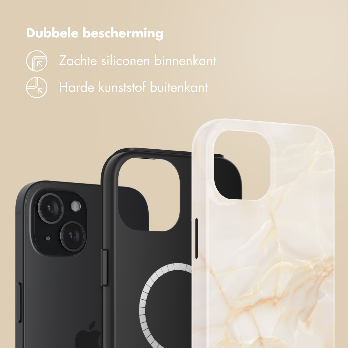 Drie telefoonhoesjes: zwart, zwart met witte cirkel en wit marmerpatroon. Tekst: 'Dubbele bescherming'.