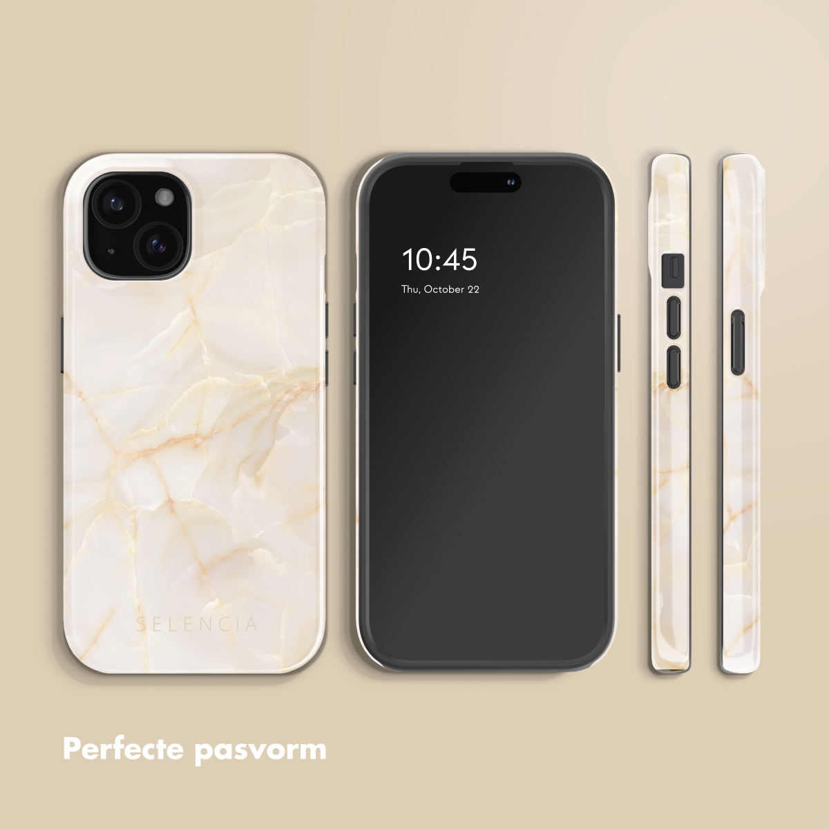 Een telefoon en telefoonhoesjes met marmertextuur. De telefoon geeft de tijd 10:45 weer. Hoesjes staan links en rechts.