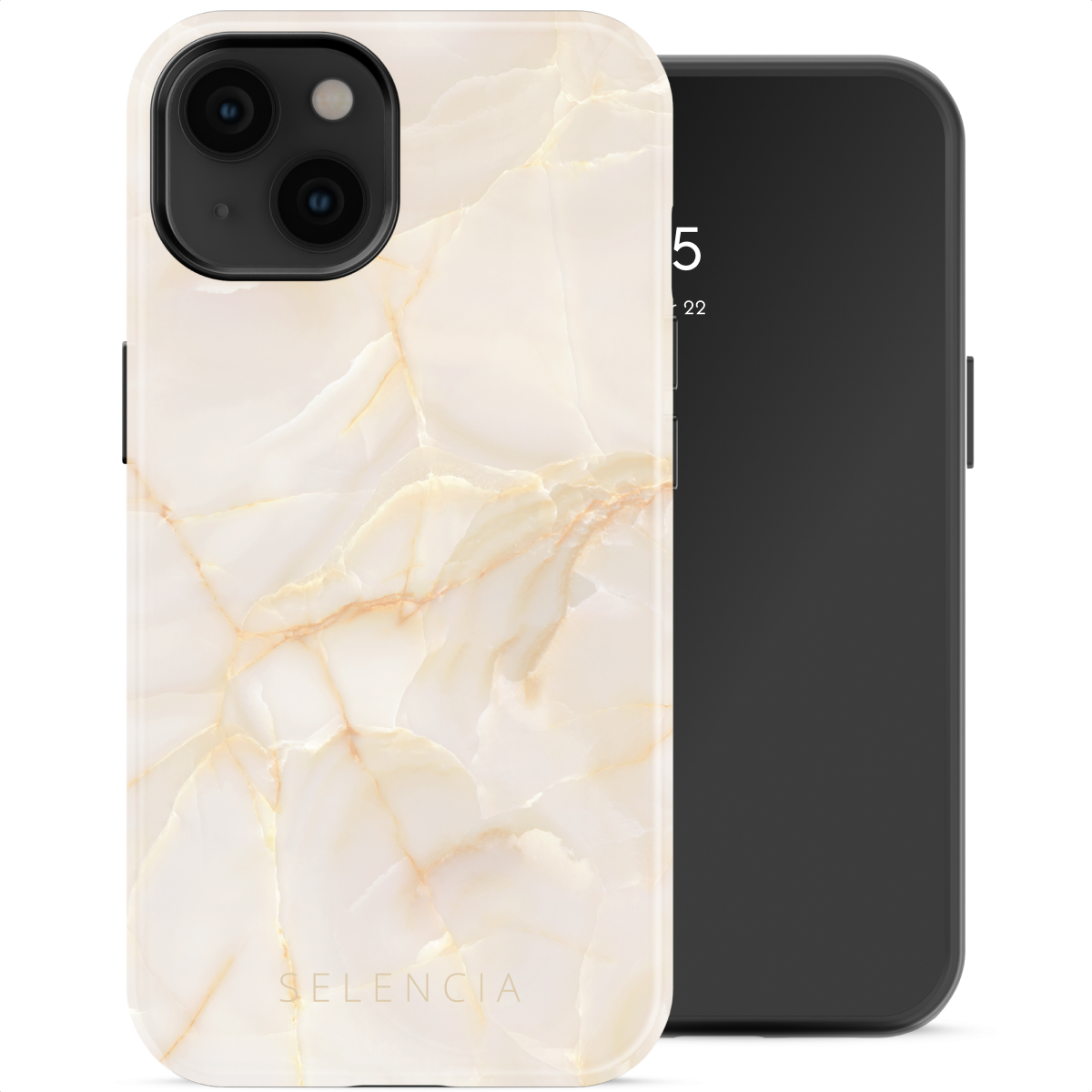 Uno smartphone con una custodia a motivo marmoreo e uno schermo nero che mostra l'ora. La custodia è color crema e oro.