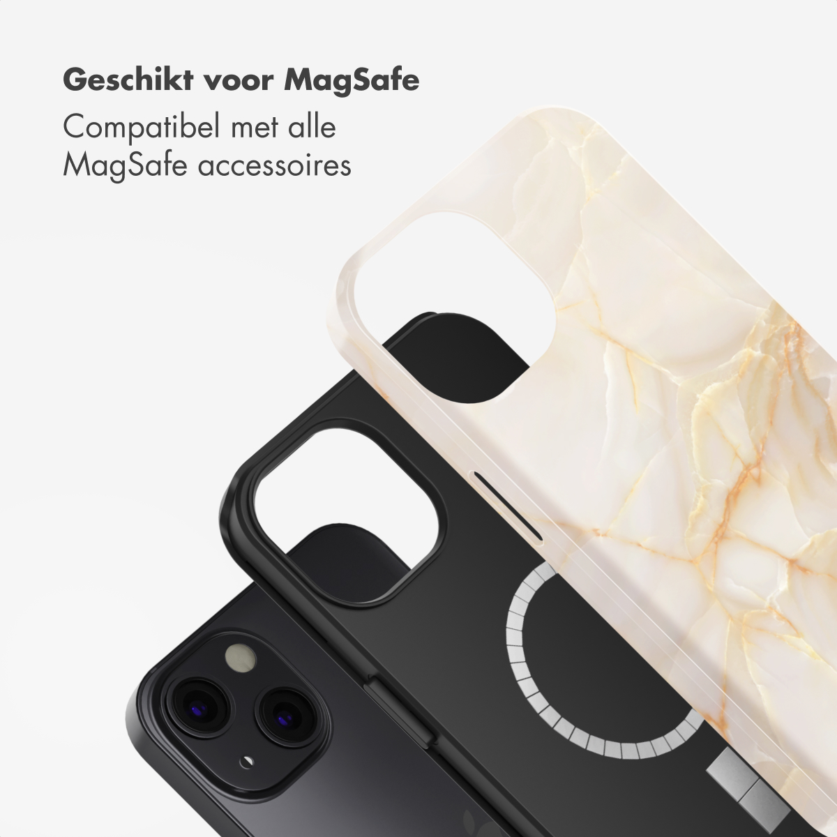 Tre custodie per telefono: nera, con motivo marmorizzato e un telefono nero. Il testo dice 'Adatto per MagSafe' e 'Compatibile con tutti gli accessori MagSafe'.