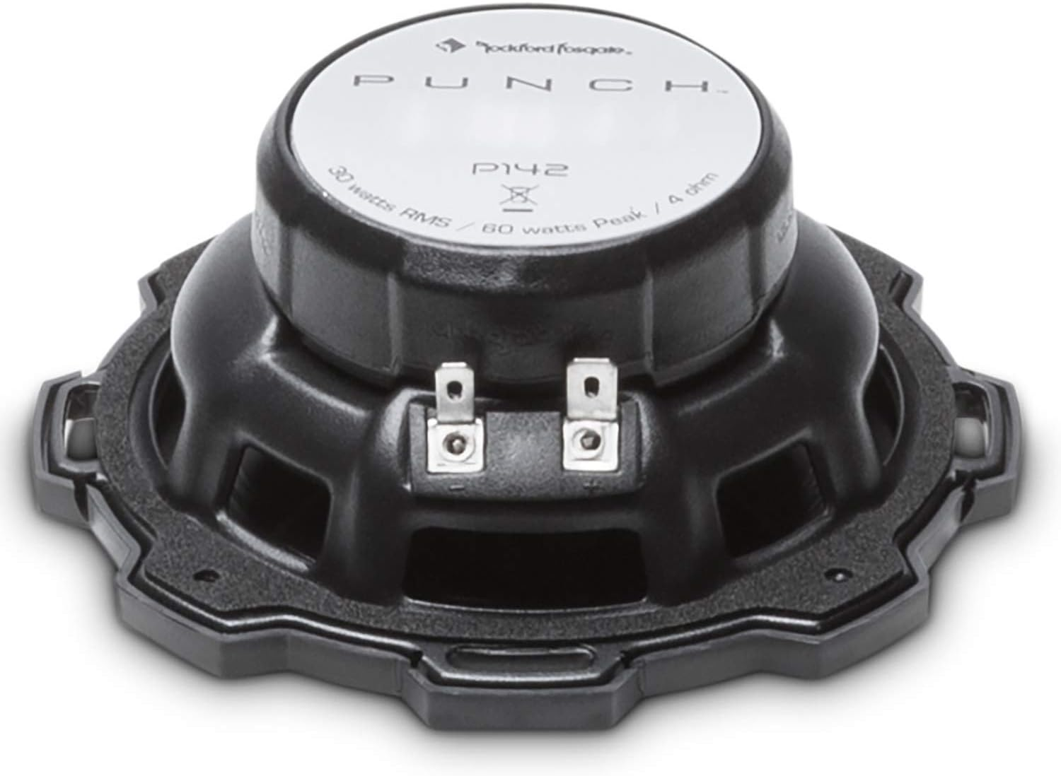 Ein schwarzer Rockford Fosgate Punch P142 Lautsprecher. Er hat eine weiße Oberseite mit Text und zwei silbernen Anschlüssen.