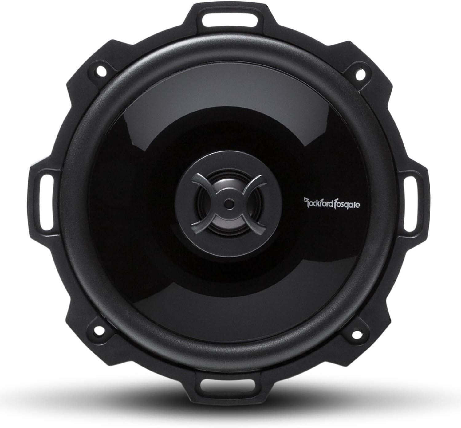 Ein schwarzer Rockford Fosgate-Lautsprecher. Er hat einen zentralen Konus, einen umlaufenden Rahmen mit Befestigungslöchern und ein Logo.
