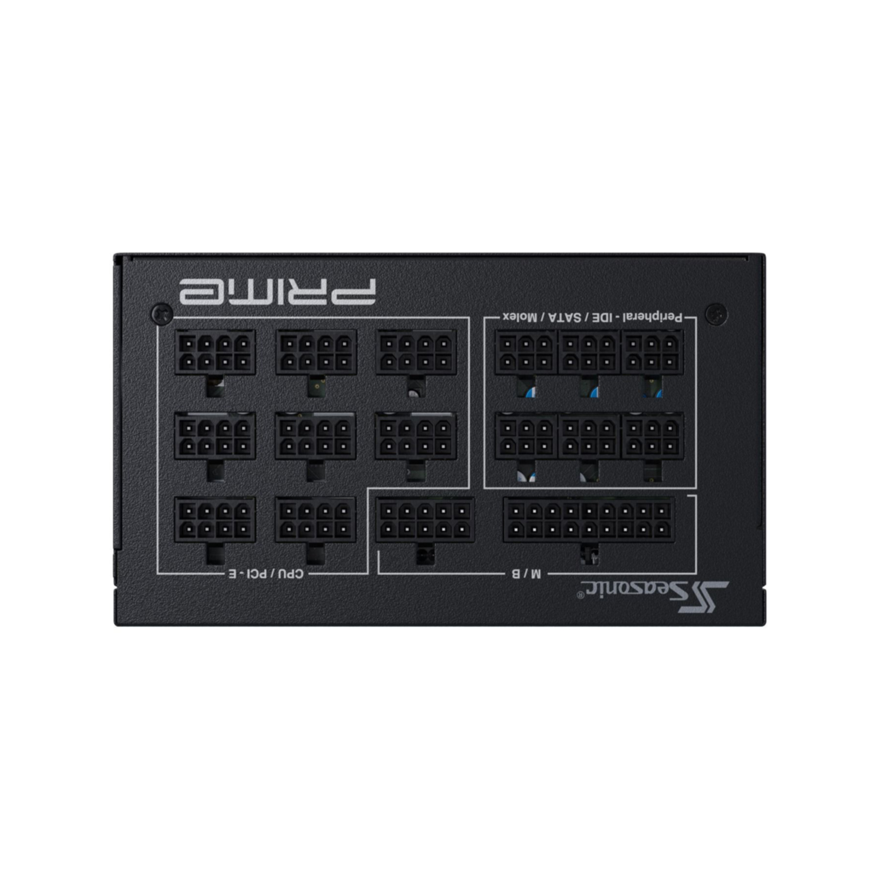 Czarny zasilacz komputerowy. Ma wiele złączy, widoczna jest nazwa marki 'Seasonic'.