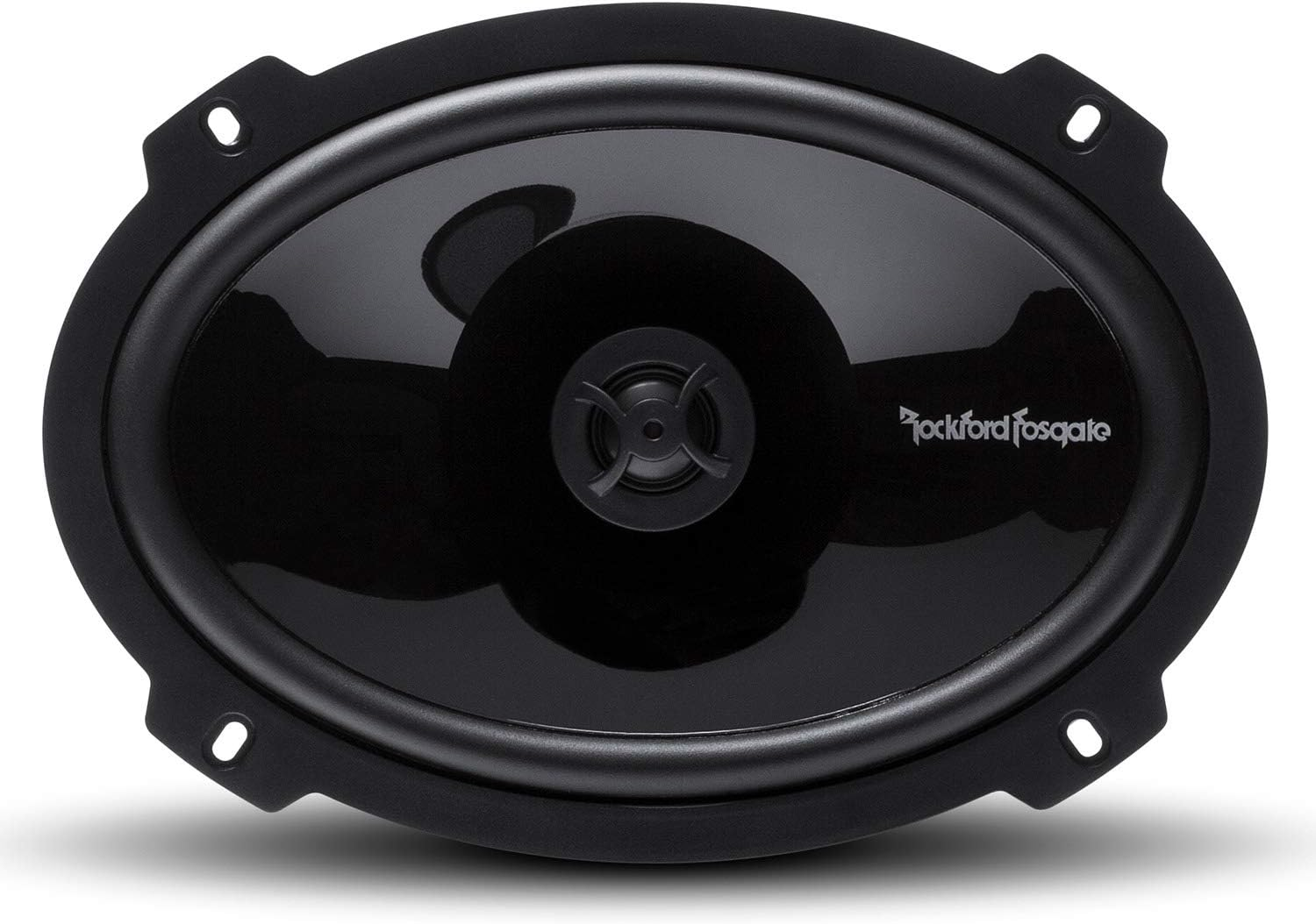 Ein schwarzer ovaler Lautsprecher mit einem zentralen Konus. Er hat einen schwarzen Rahmen mit Befestigungslöchern. Der Markenname 'Rockford Fosgate' ist sichtbar.