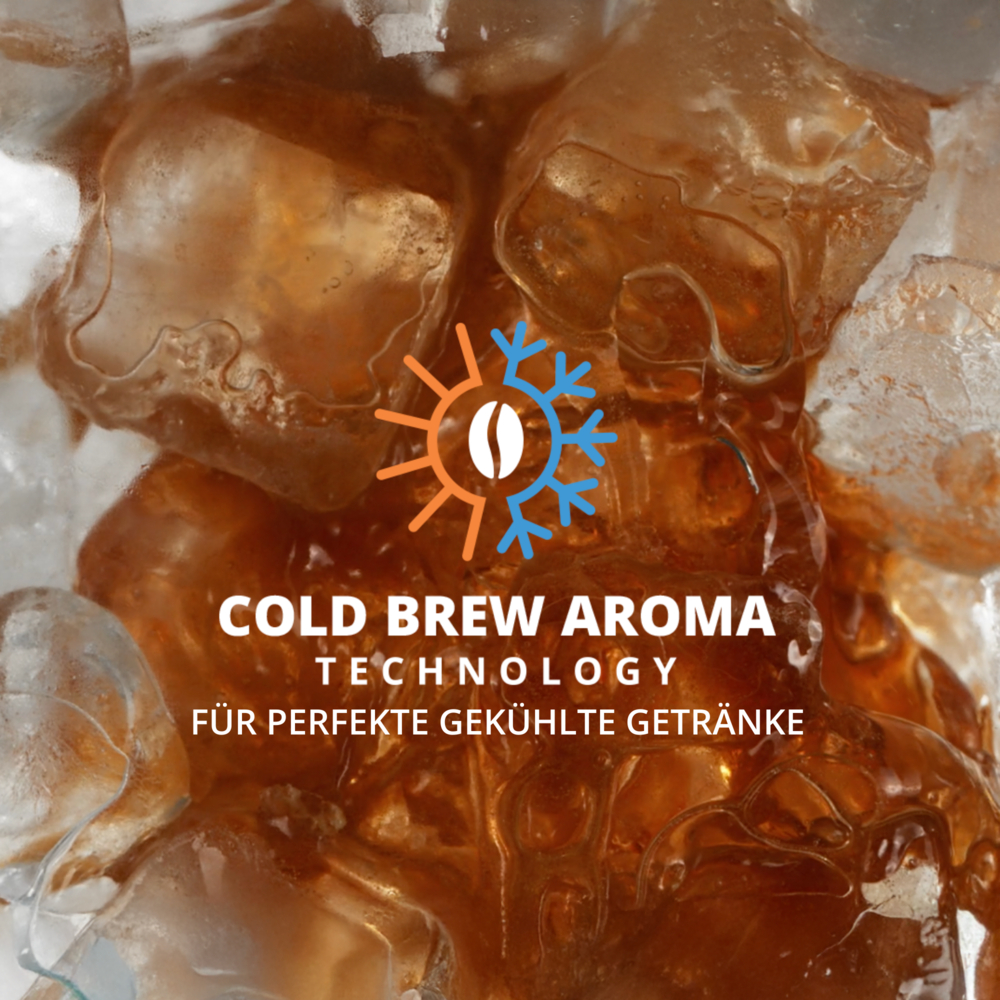 Primo piano di caffè freddo con cubetti di ghiaccio. Testo: Tecnologia dell'aroma cold brew. Logo con chicco di caffè e fiocco di neve.