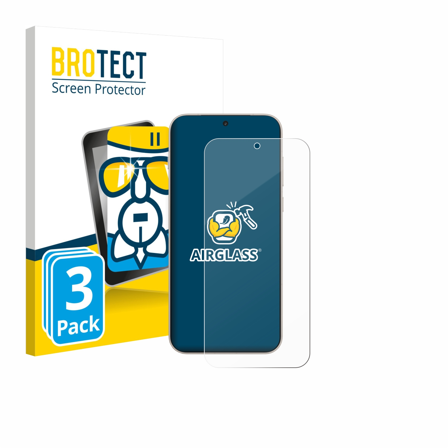 Ein Telefon mit Displayschutzfolie und Verpackung. Auf der Verpackung steht 'BROTECT Screen Protector' und '3 Pack'.
