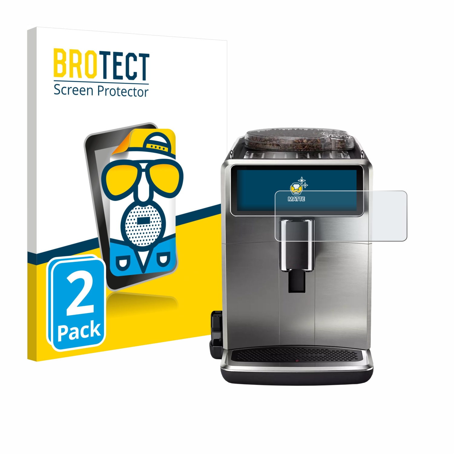 Eine Kaffeemaschine und eine Displayschutzfolienbox stehen auf weißem Hintergrund. Die Box hat einen Cartoon und die Worte 'BROTECT Screen Protector'.