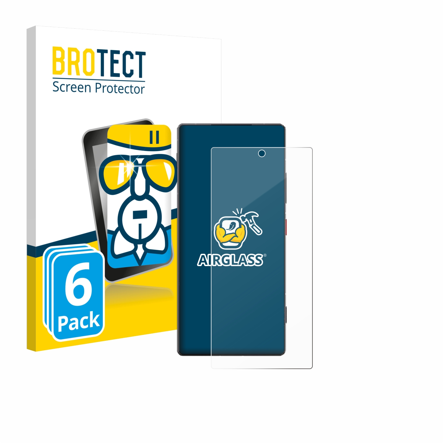 Ein Telefon und ein Displayschutz werden angezeigt. Auf der Schutzbox steht BROTECT Screen Protector. Das Telefon hat einen Displayschutz.