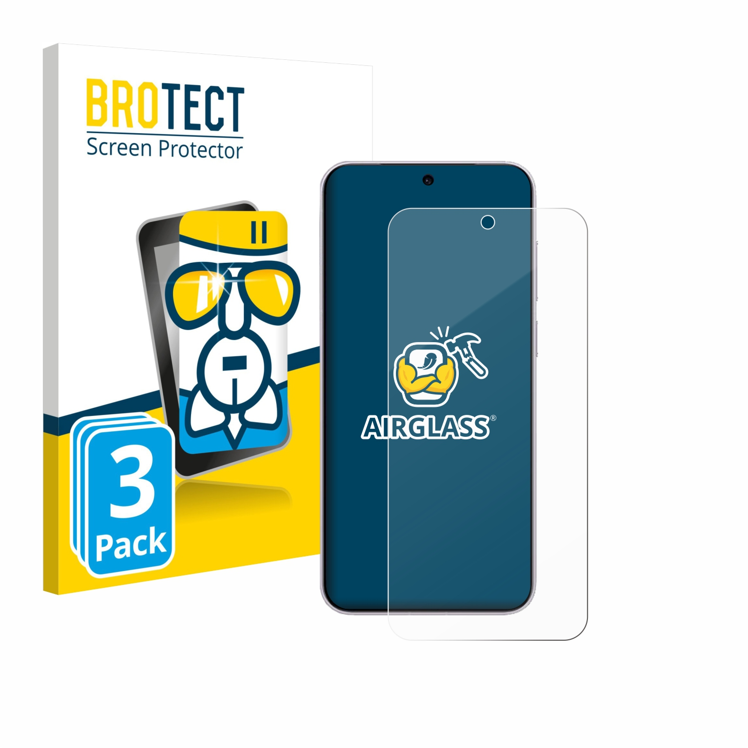 Ein Telefon und ein Displayschutz sind mit der Verpackung abgebildet. Die Box zeigt einen Cartoon mit den Worten 'BROTECT Screen Protector'.
