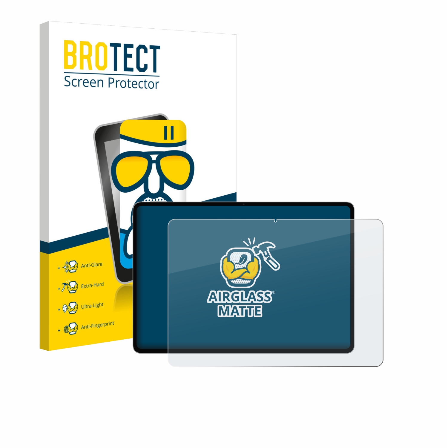 Eine Displayschutzbox und ein Tablet mit aufgebrachtem Displayschutz. Text enthält 'BROTECT Screen Protector' und 'AIRGLASS MATTE'.