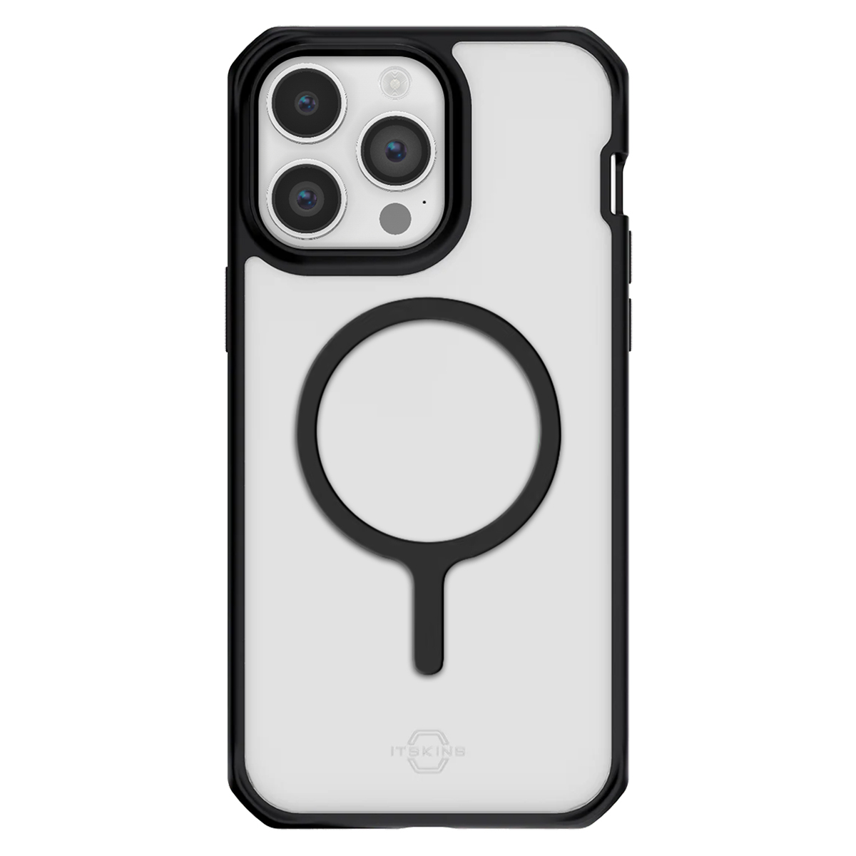 Custodia trasparente per iPhone con cornice nera. Anello MagSafe nero e area fotocamera. Marchio 'ITSKINS' visibile.
