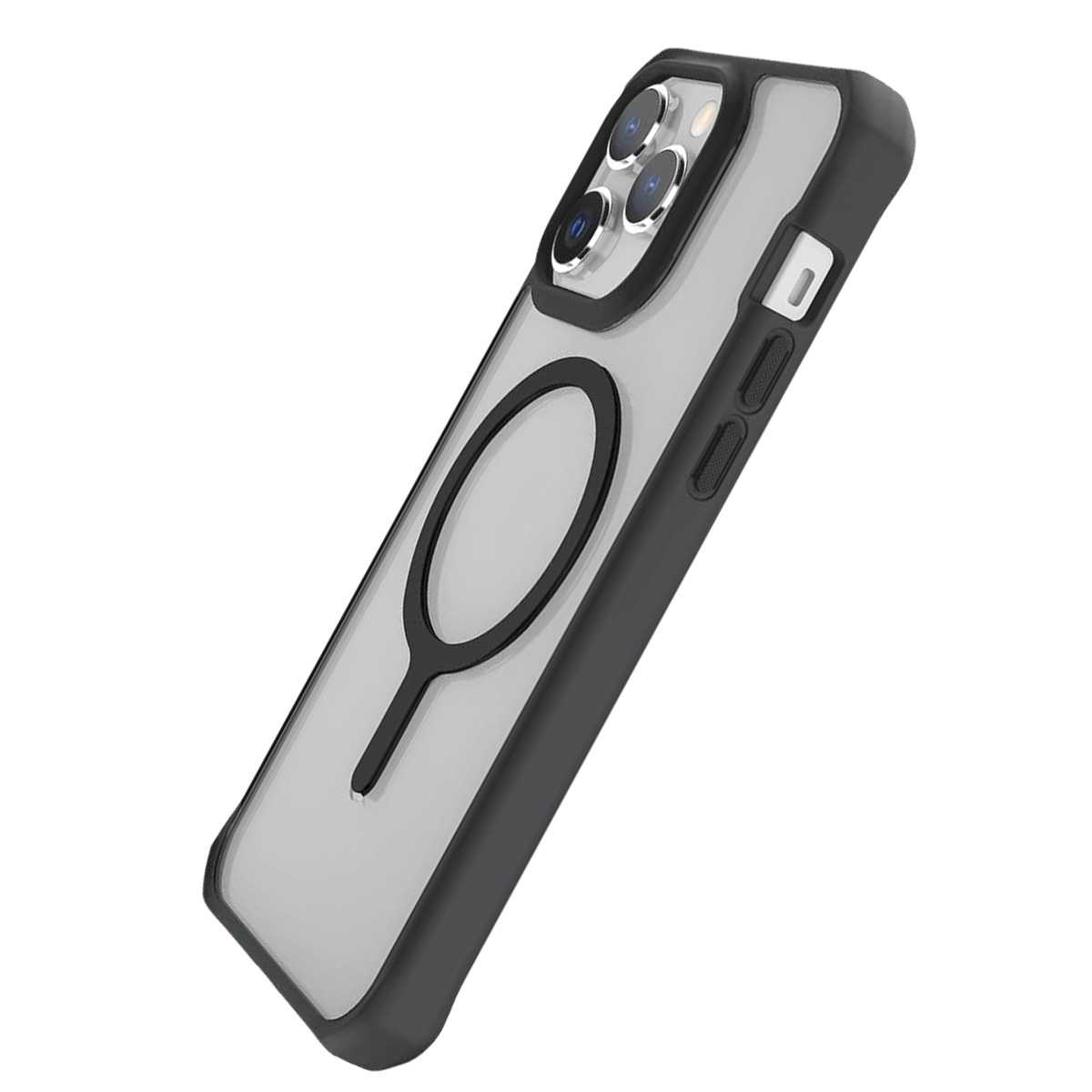 Una custodia per telefono con cornice nera e retro trasparente. Ha un anello nero e una linea nera. Ci sono tre fotocamere in alto.