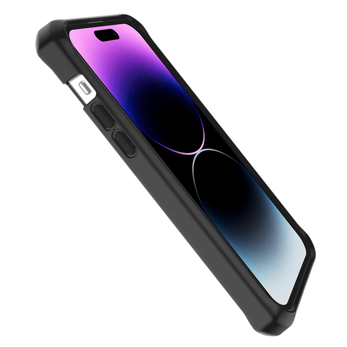 Una custodia nera protegge uno smartphone. Lo schermo mostra sfumature viola e nere. Sono visibili pulsanti e una fotocamera.