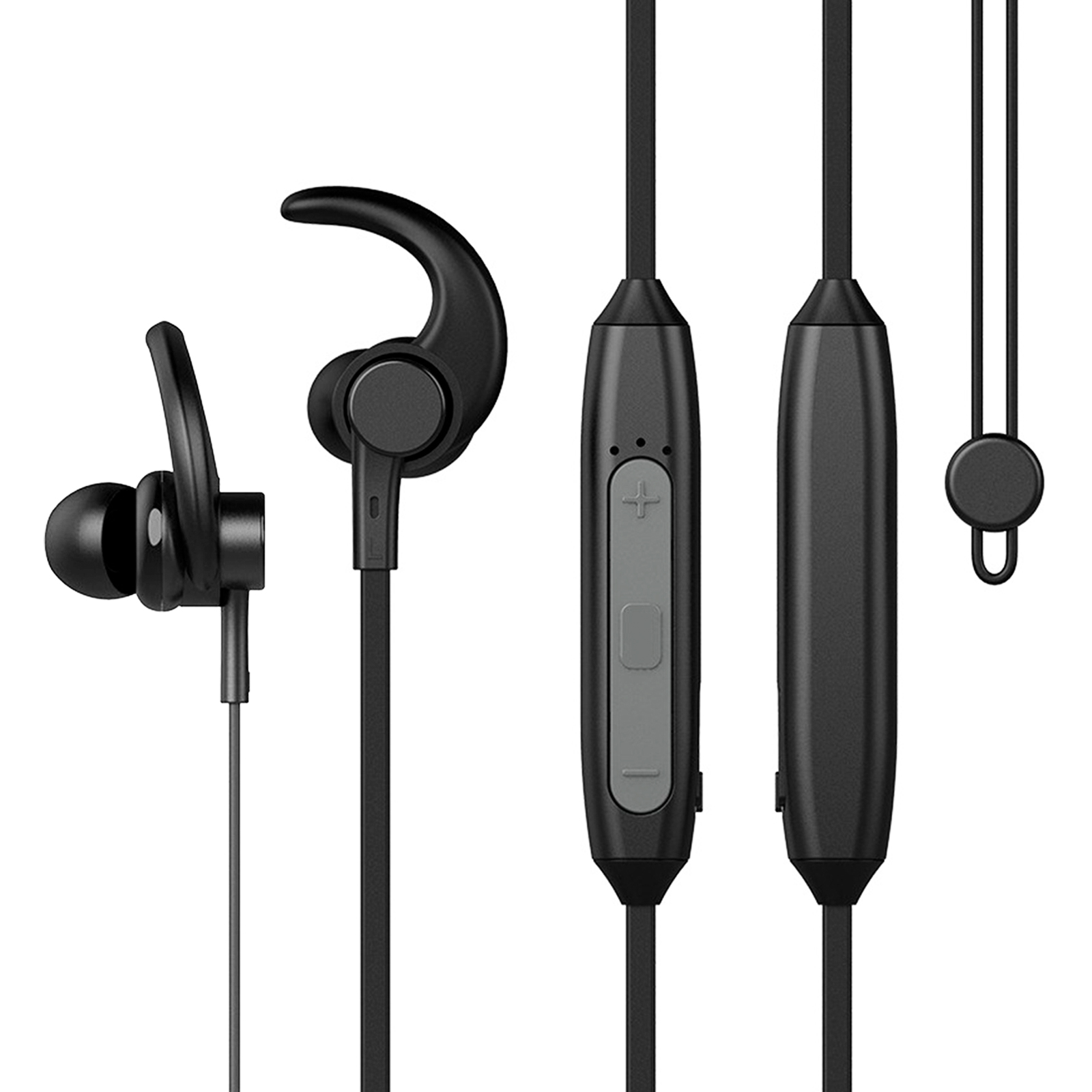 Schwarze Sport-Ohrhörer mit Ohrbügeln, einem Steuermodul und einem Magnetverschluss auf weißem Hintergrund. Nahaufnahme.