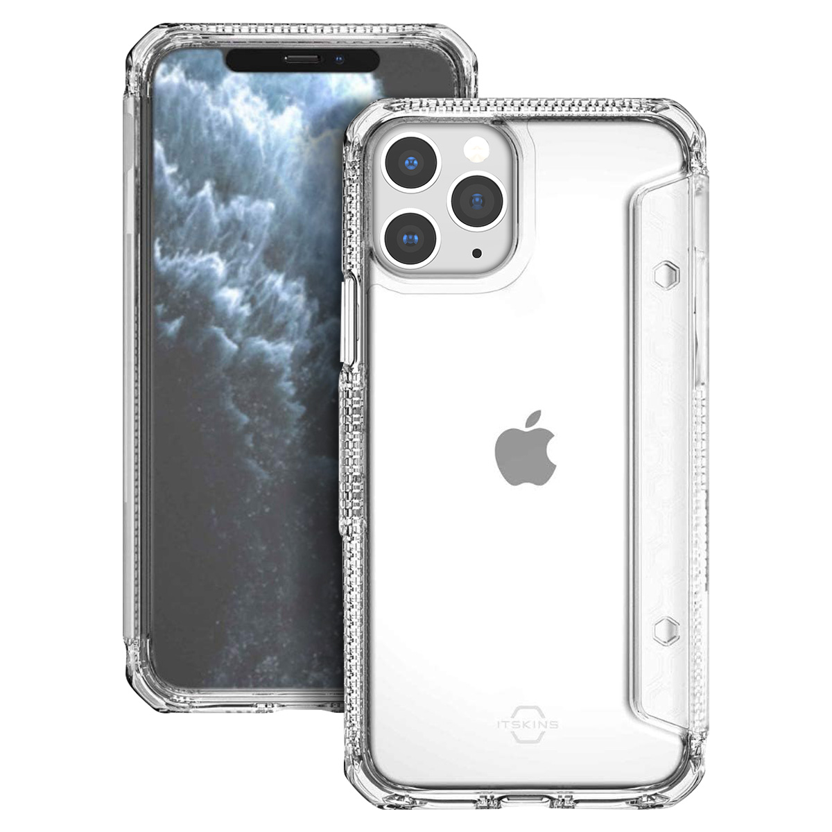 Zwei Smartphones, eines mit durchsichtiger Hülle, das andere ohne. Beide haben einen Glasschirm mit wolkigem Hintergrund.