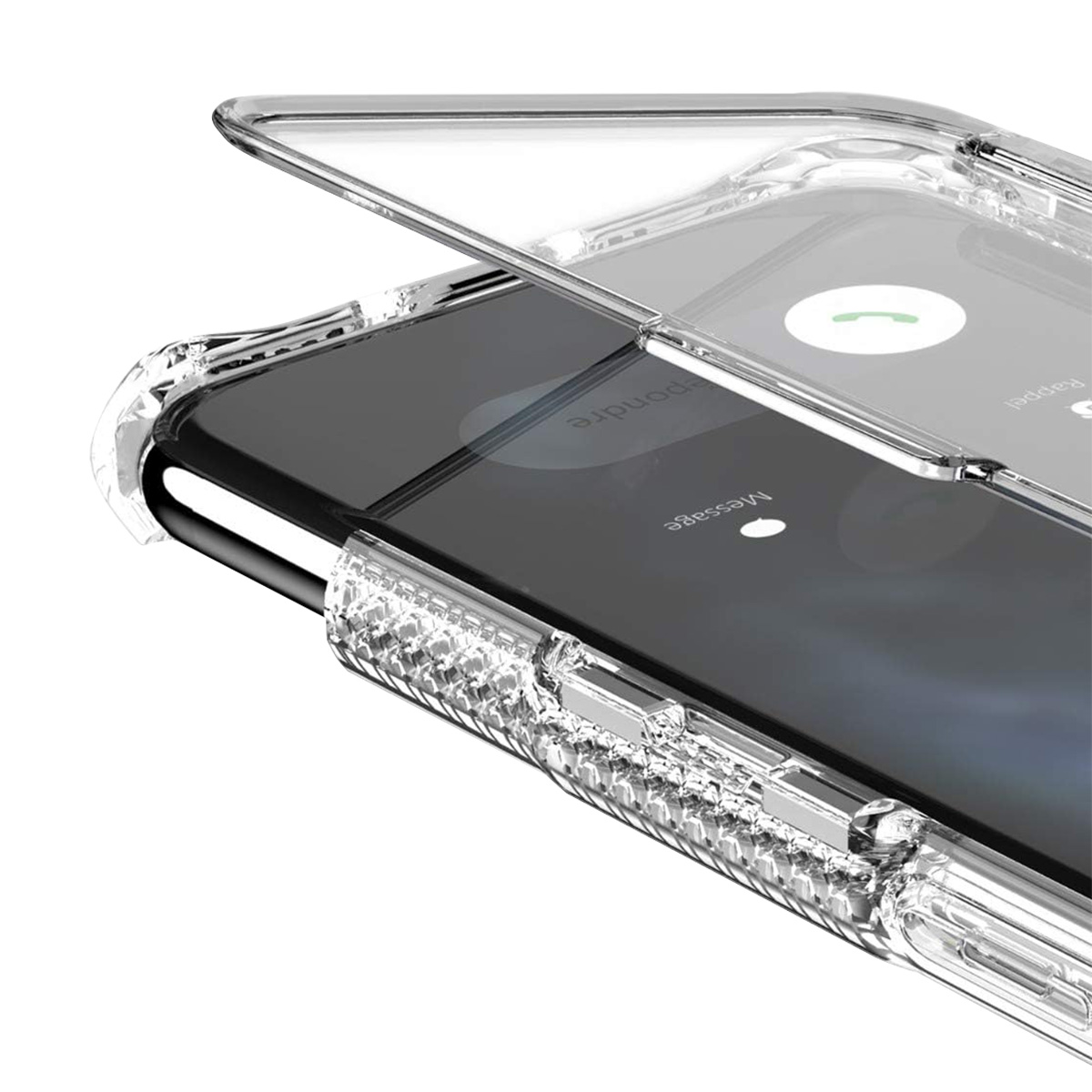 Eine transparente Handyhülle bedeckt teilweise einen Telefonbildschirm. Der Bildschirm zeigt eine eingehende Anrufschnittstelle. Die Hülle ist detailliert.