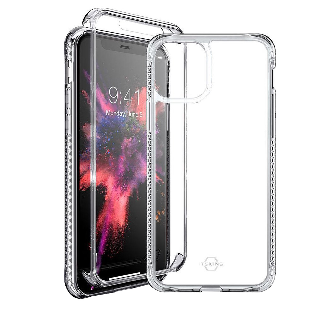 Transparente Handyhülle mit einem Telefon darin. Das Telefon zeigt die Uhrzeit 9:41 und Montag, 5. Juni.