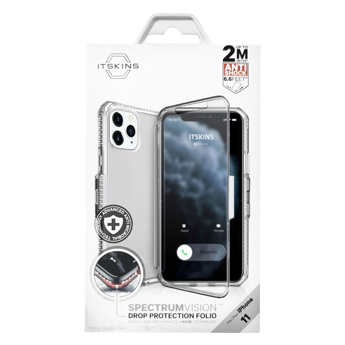 Transparente Handyhülle mit einem Telefon im Inneren, auf weißem Hintergrund. Auf der Hülle steht 'ITSKINS' und 'ANTI SHOCK'.