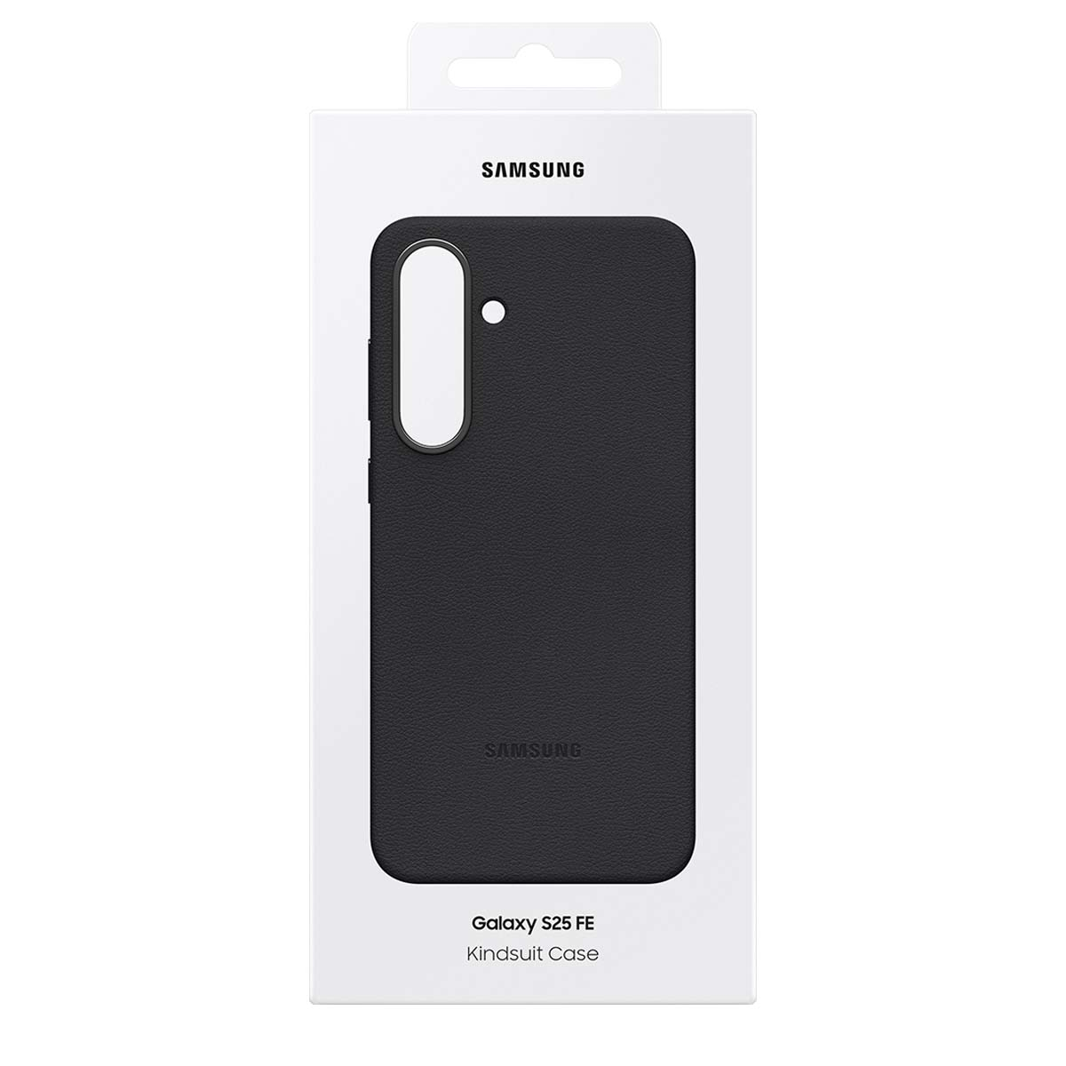 Schwarzes Samsung Galaxy S25 FE-Case in einer weißen Box. Das Case hat einen Kameraausschnitt und der Markenname ist sichtbar.