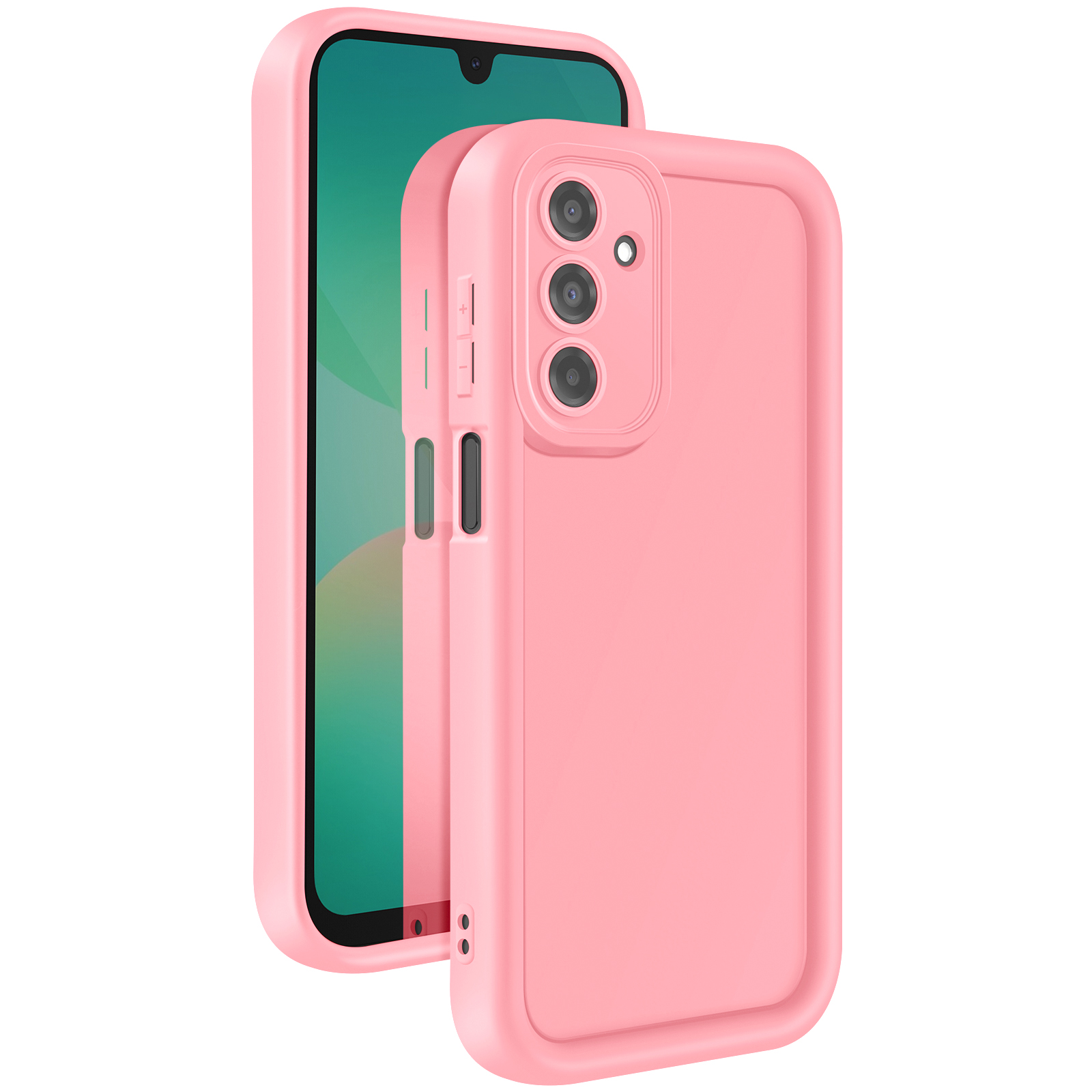 Una custodia rosa per telefono con un telefono all'interno. La custodia ha fori per la fotocamera e pulsanti. Lo schermo del telefono è verde.