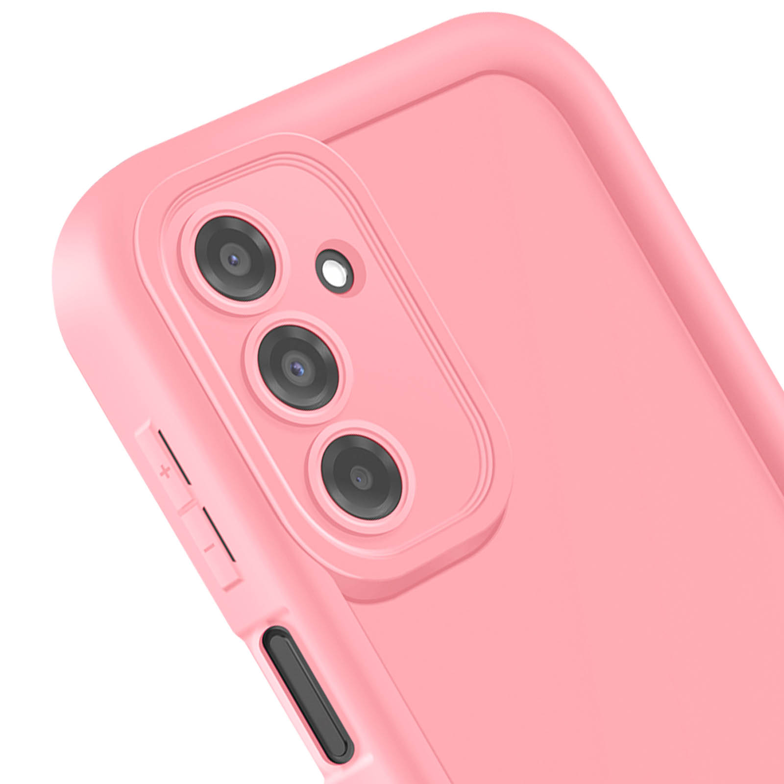 Primo piano di una custodia rosa per telefono con lenti della fotocamera e pulsanti del volume.