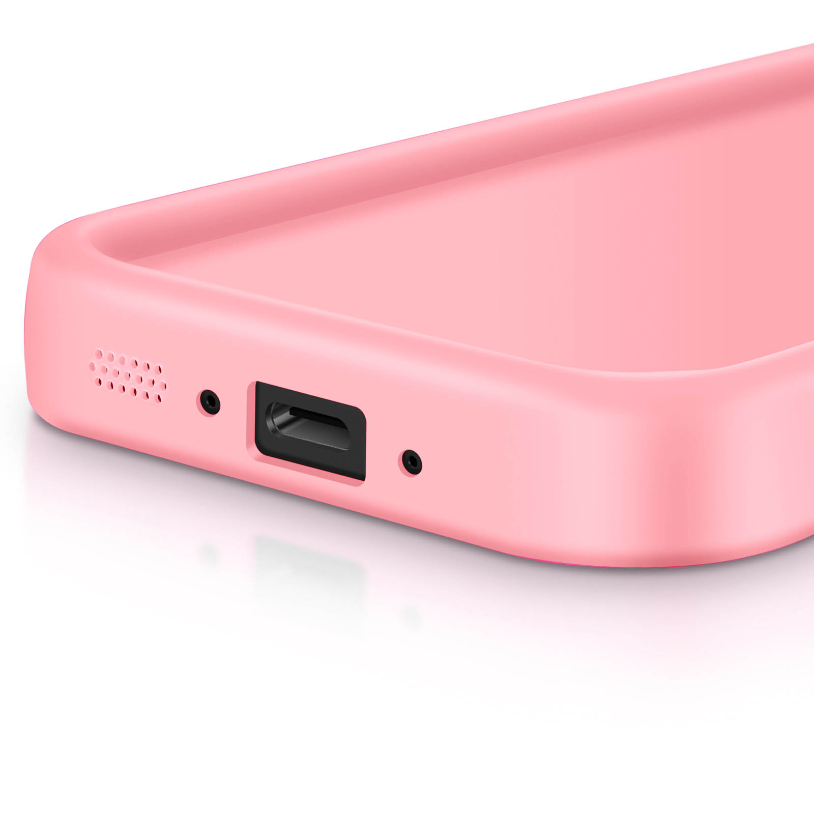 Primo piano di una custodia rosa per telefono. Presenta una porta di ricarica, fori per altoparlanti e un design curvo e liscio.
