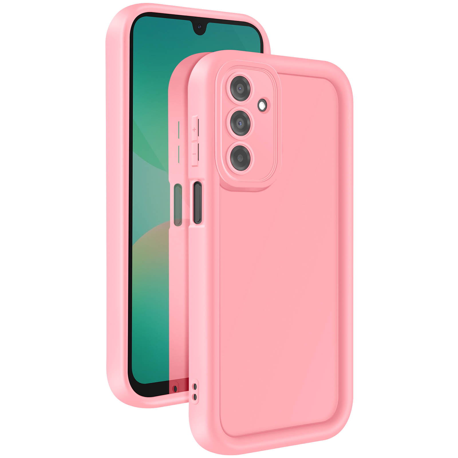 Una custodia rosa per telefono con un telefono all'interno. La custodia ha fori per la fotocamera e pulsanti del volume. Lo schermo del telefono è visibile.