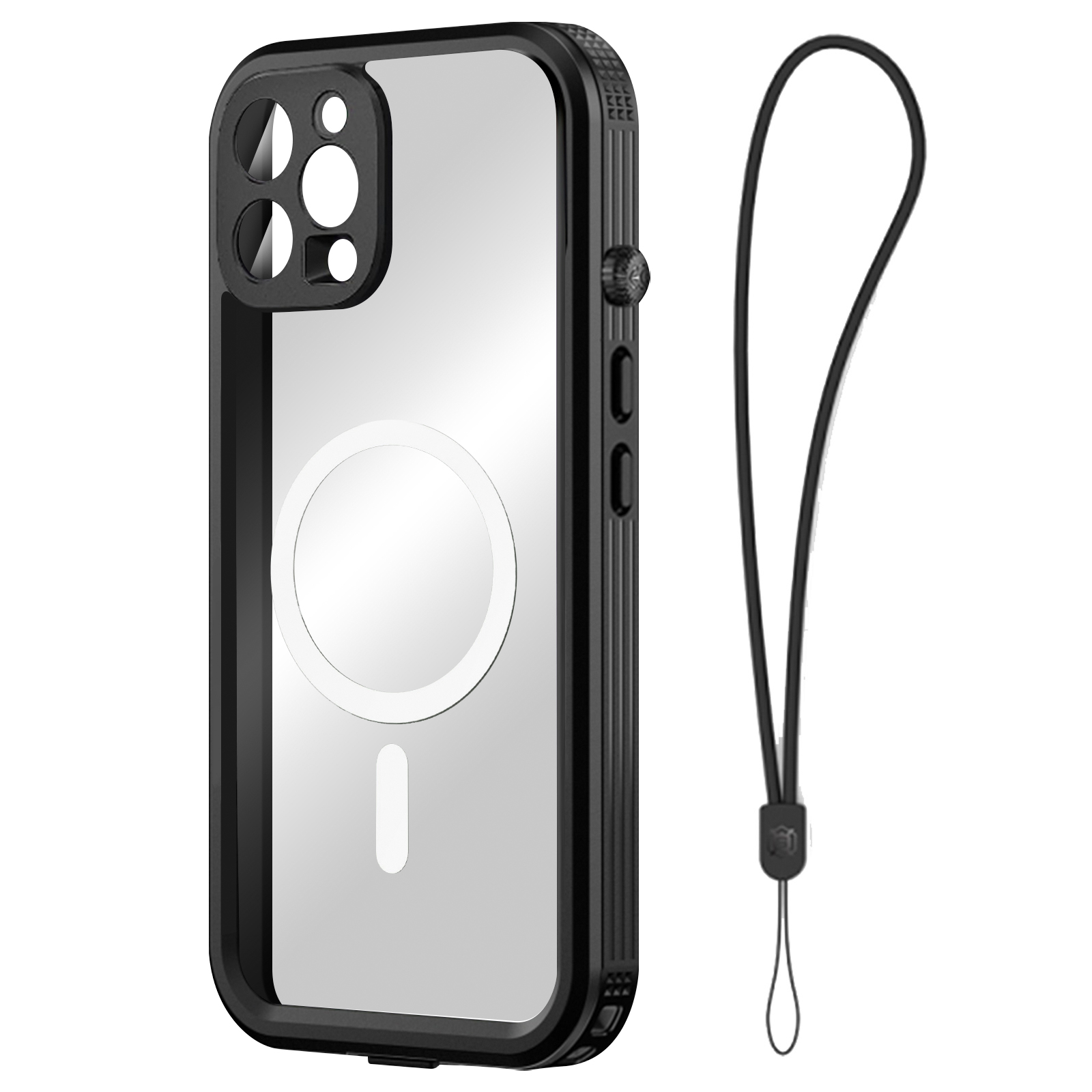Una custodia trasparente per iPhone con cornice nera e cordino nero. La custodia ha un cerchio magnetico e ritagli per la fotocamera.