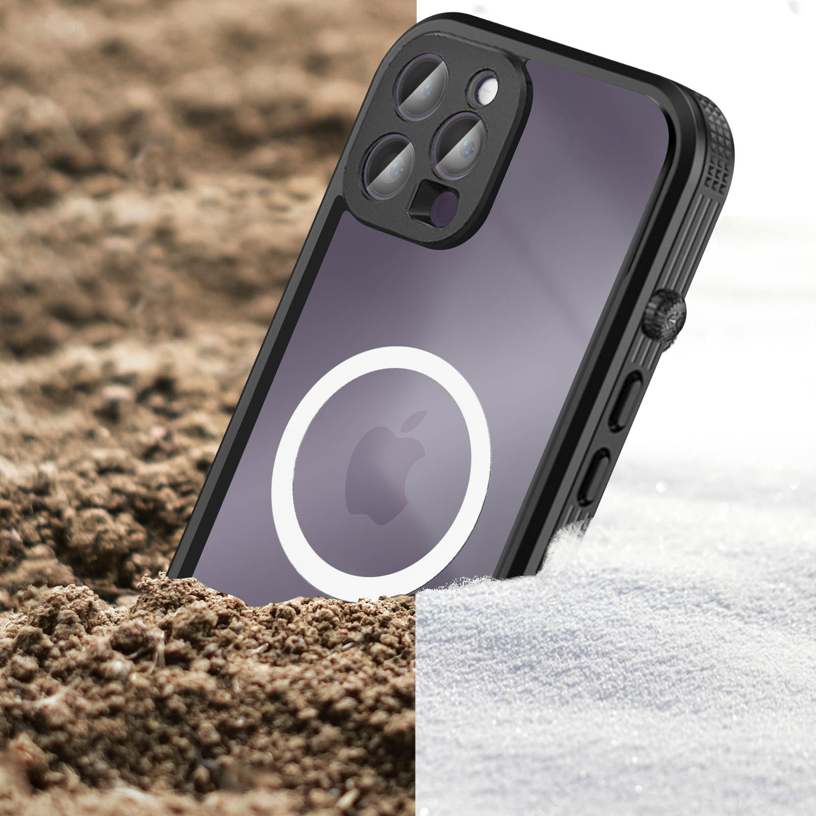 Custodia nera per telefono con logo Apple su terra e neve. La custodia ha lenti della fotocamera. Metà immagine è terra marrone.