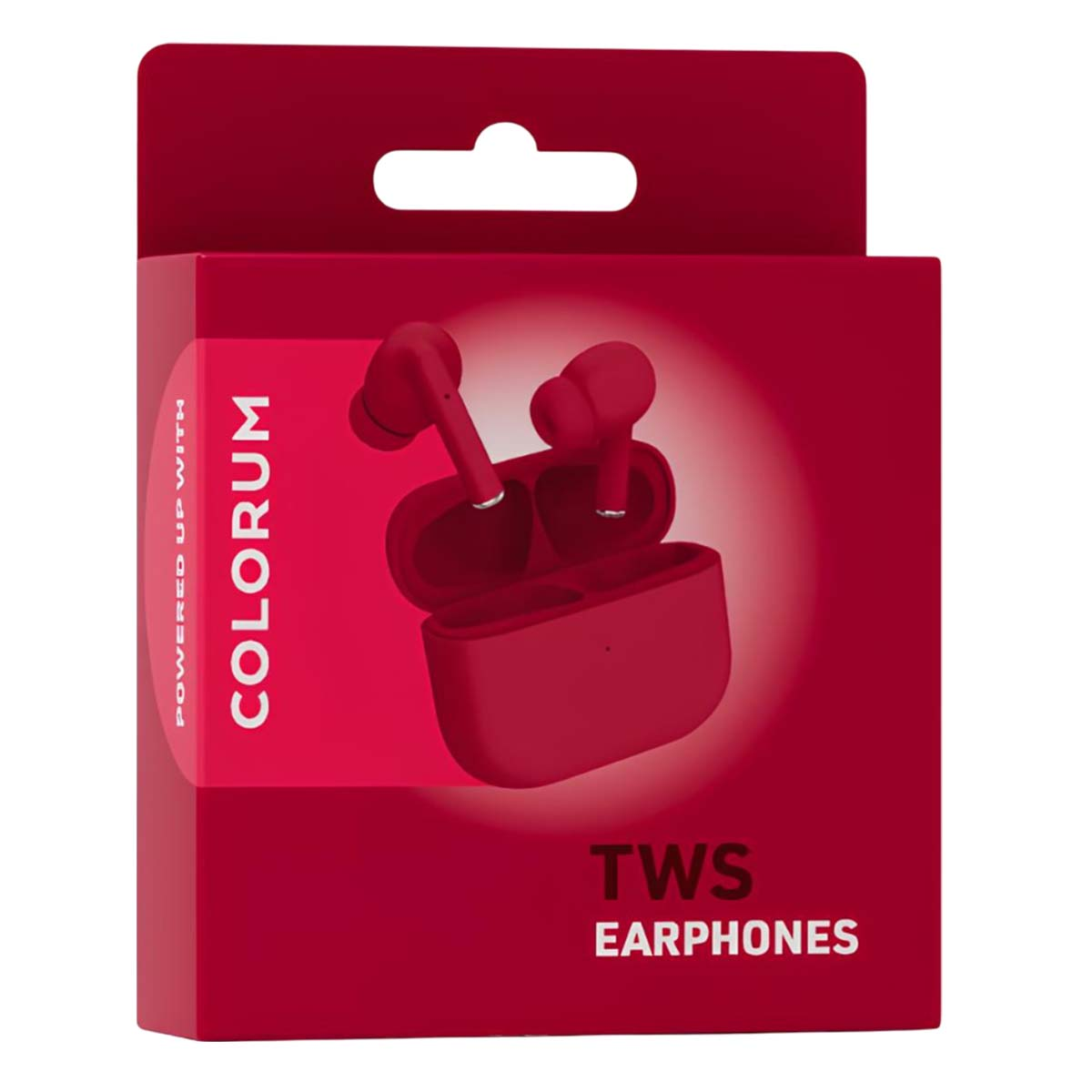 Een rode doos met draadloze oordopjes. De doos zegt COLORUM en TWS EARPHONES. De oordopjes en de case zijn rood.