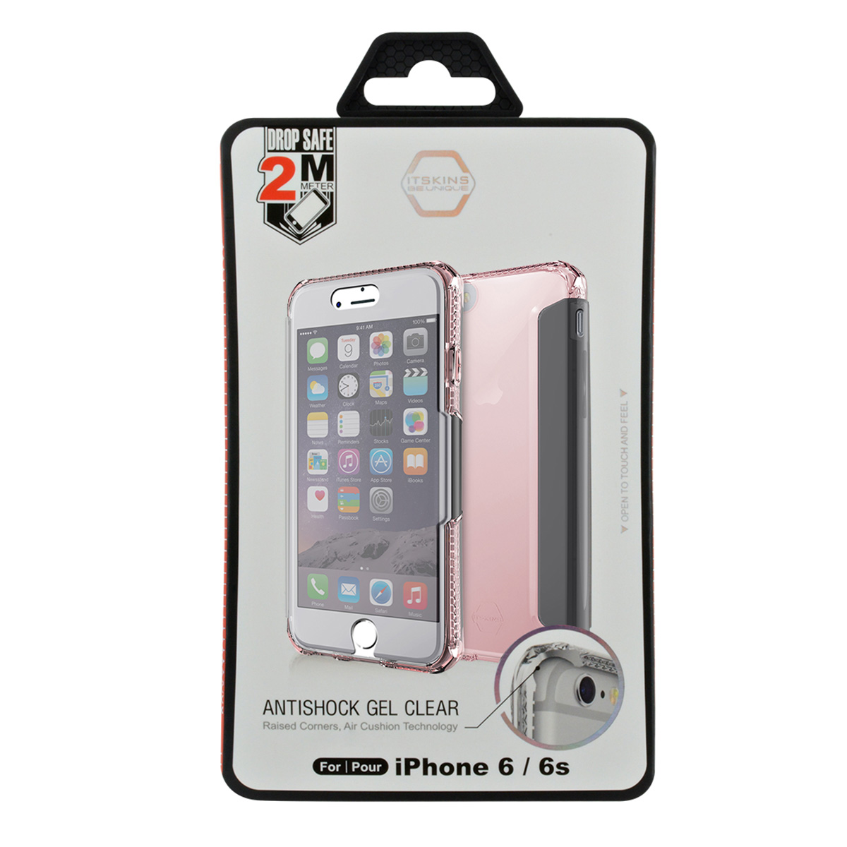 Una confezione di custodia per telefono. Mostra una custodia trasparente per iPhone con bordo rosa. La confezione ha testo sulla sicurezza dalle cadute e compatibilità.