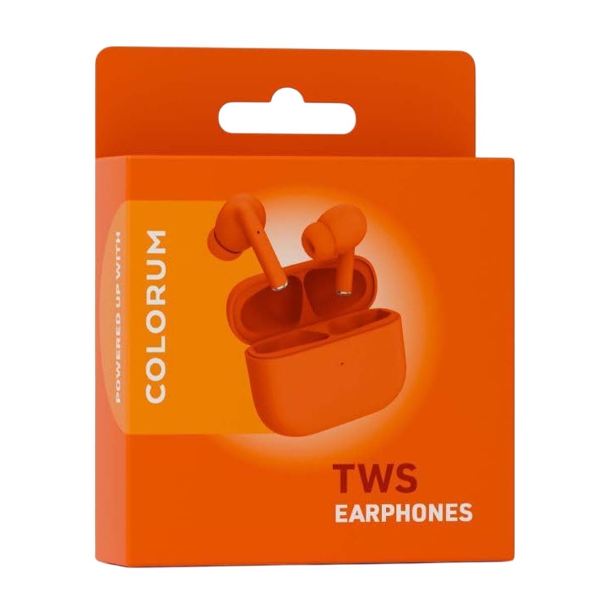Orangefarbene Schachtel mit orangefarbenen Ohrhörern. Auf der Schachtel steht 'COLORUM' und 'TWS EARPHONES'. Ohrhörer sind im offenen Ladeetui.
