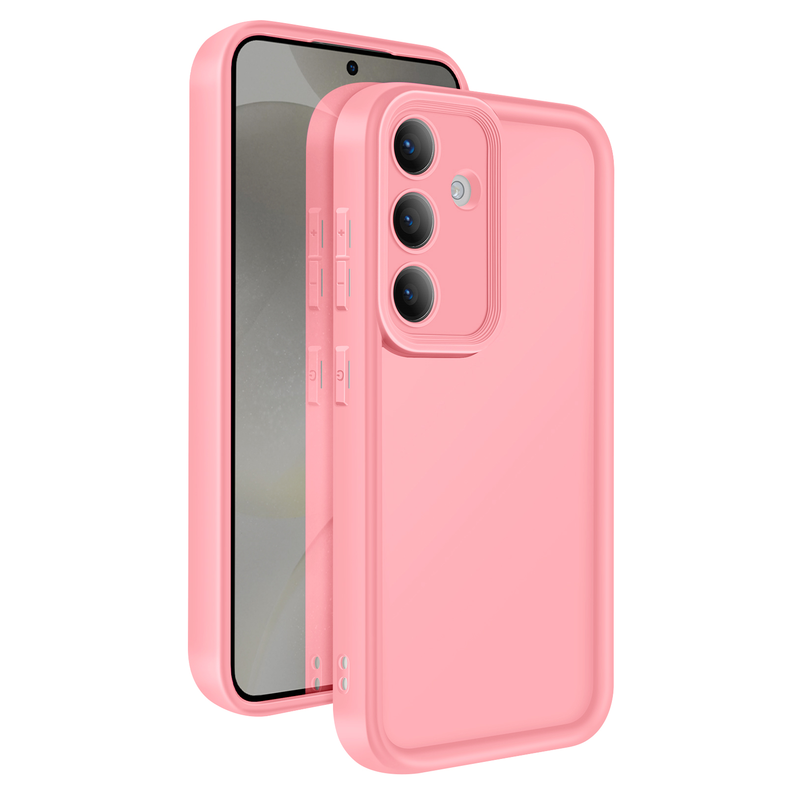 Una custodia rosa per telefono con un telefono all'interno. La custodia ha fori per la fotocamera e pulsanti. Lo schermo del telefono è visibile.