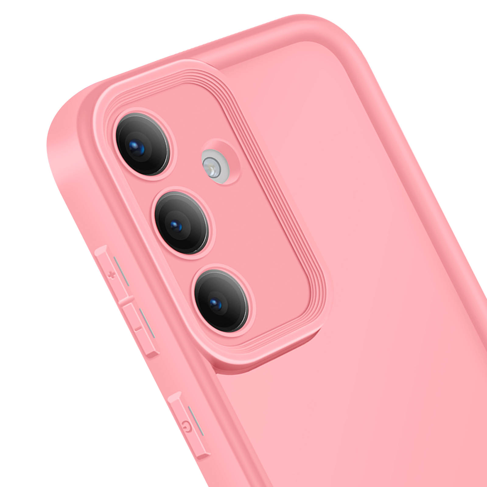 Custodia rosa per telefono con tre obiettivi e pulsanti laterali su sfondo bianco.