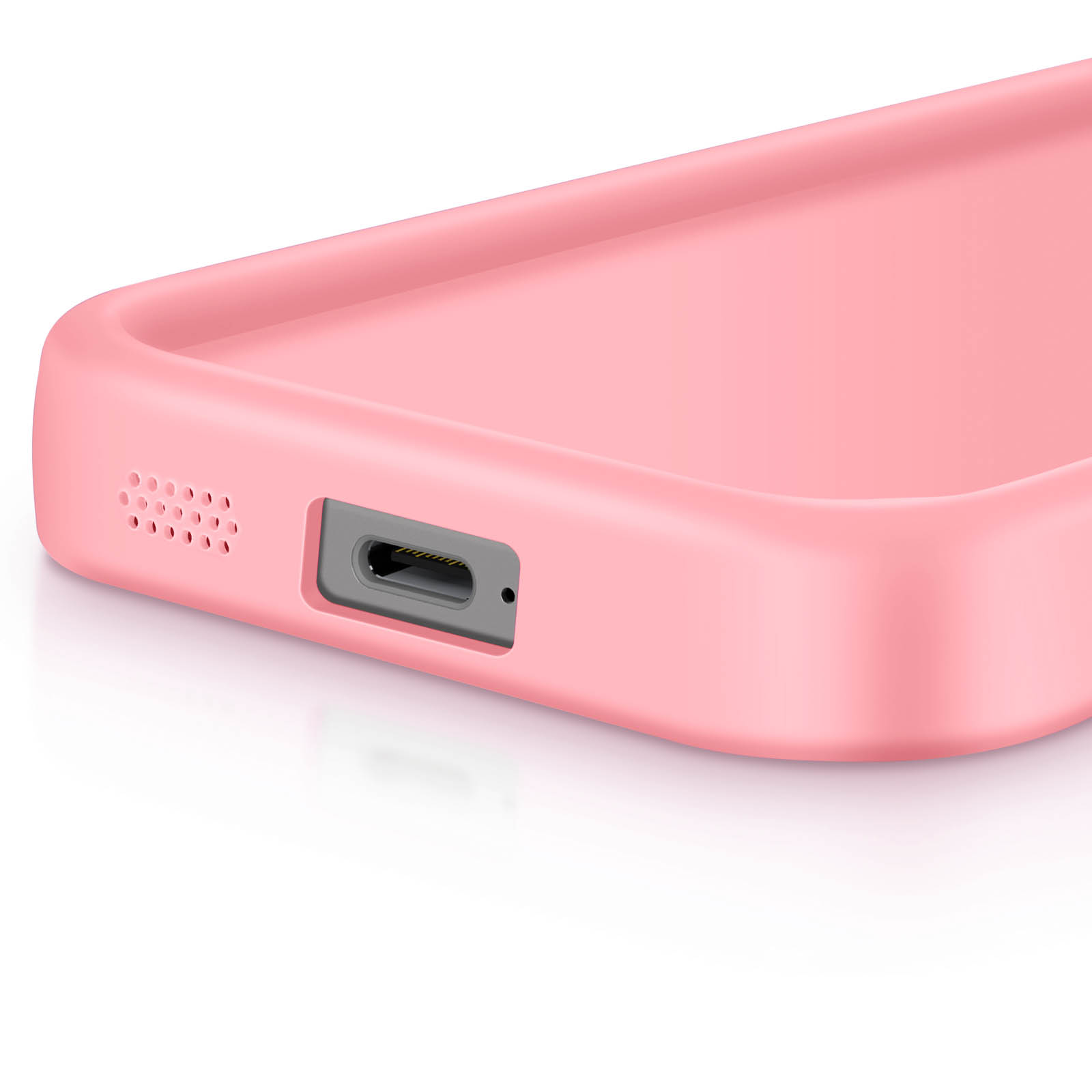 Primo piano di una custodia rosa per telefono con porta di ricarica e fori per altoparlanti, su sfondo bianco.