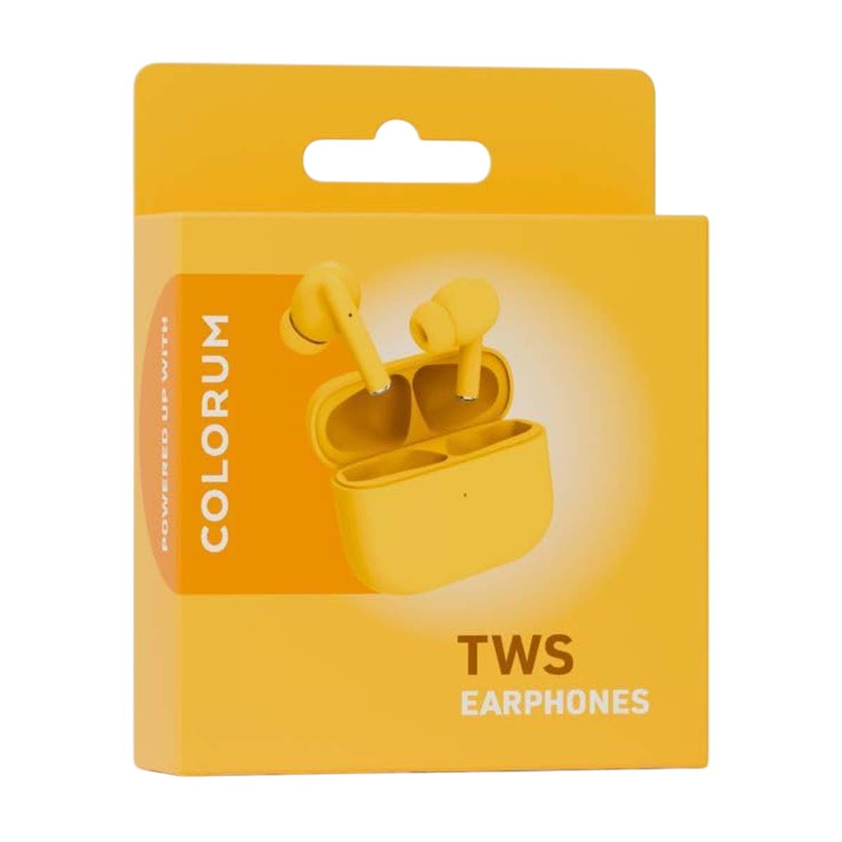 A yellow box with open earbuds and case. The box says COLORUM and TWS EARPHONES.
