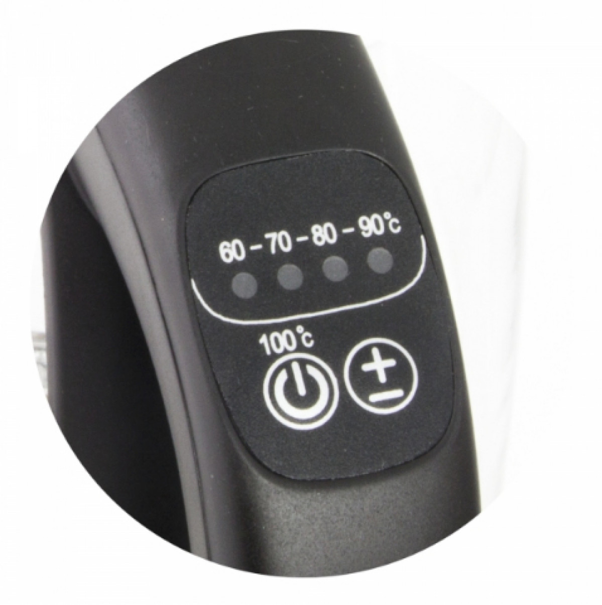 Zbliżenie czarnego panelu sterowania czajnika. Wyświetla ustawienia temperatury ze wskaźnikami, symbole zasilania i plus/minus.