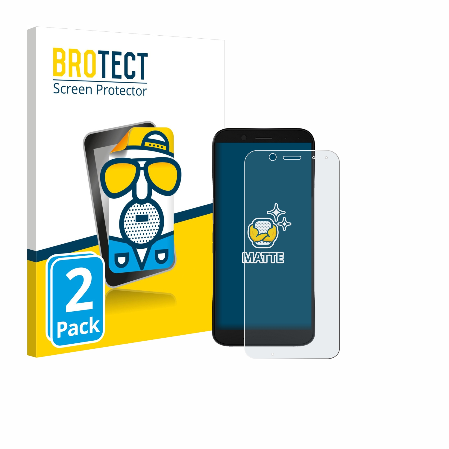 Ein Telefon und ein Displayschutz werden zusammen mit der Produktverpackung angezeigt. Die Verpackung hat ein Cartoon-Bild und den Text 'BROTECT'.