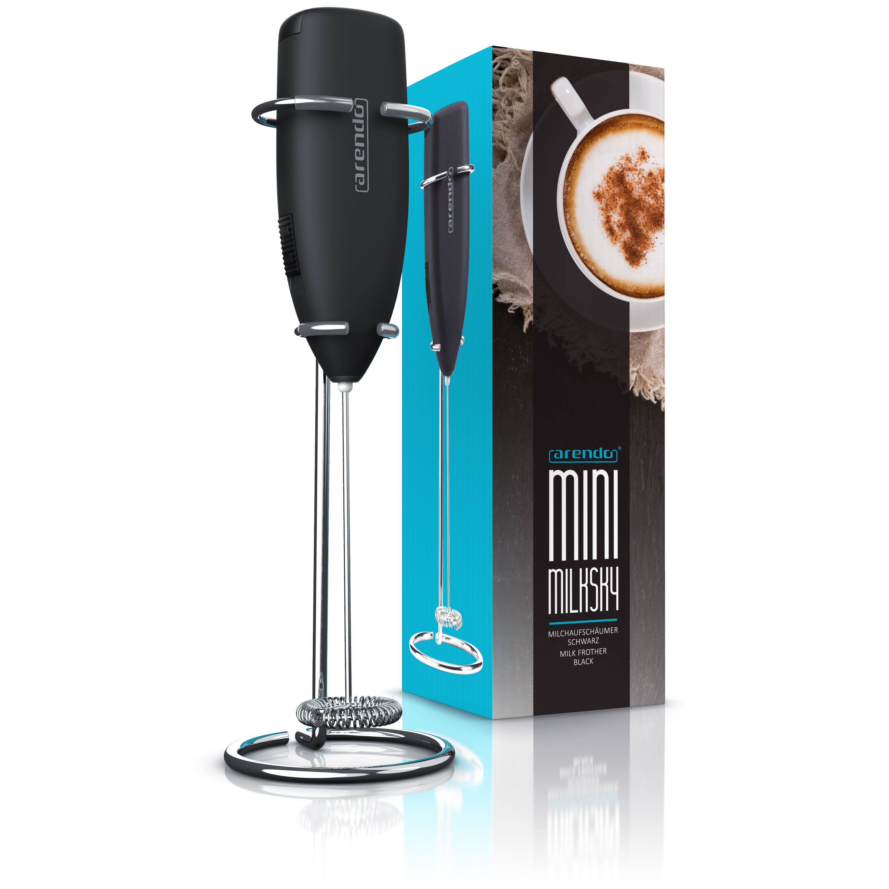 Ein schwarzer Milchaufschäumer und seine Schachtel stehen auf einer weißen Oberfläche. Die Box zeigt einen Cappuccino.