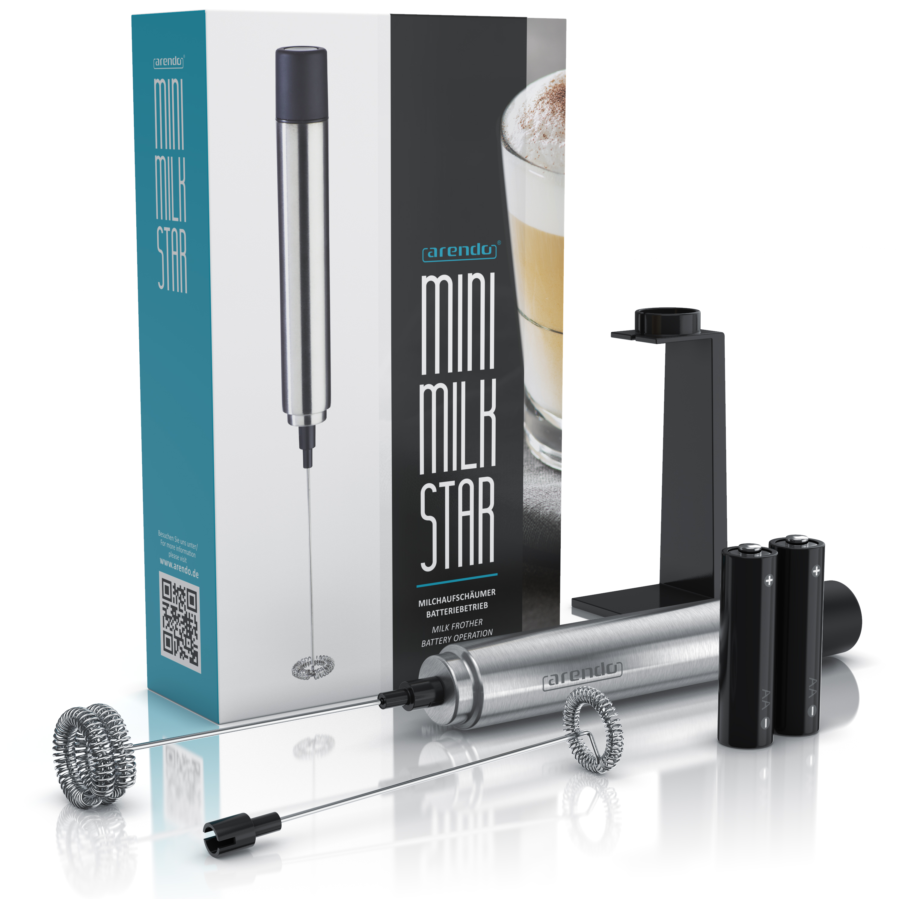 Ein Milchaufschäumer-Set mit Box, Aufschäumer, Ständer und Batterien. Die Box zeigt den Produktnamen und einen Latte.