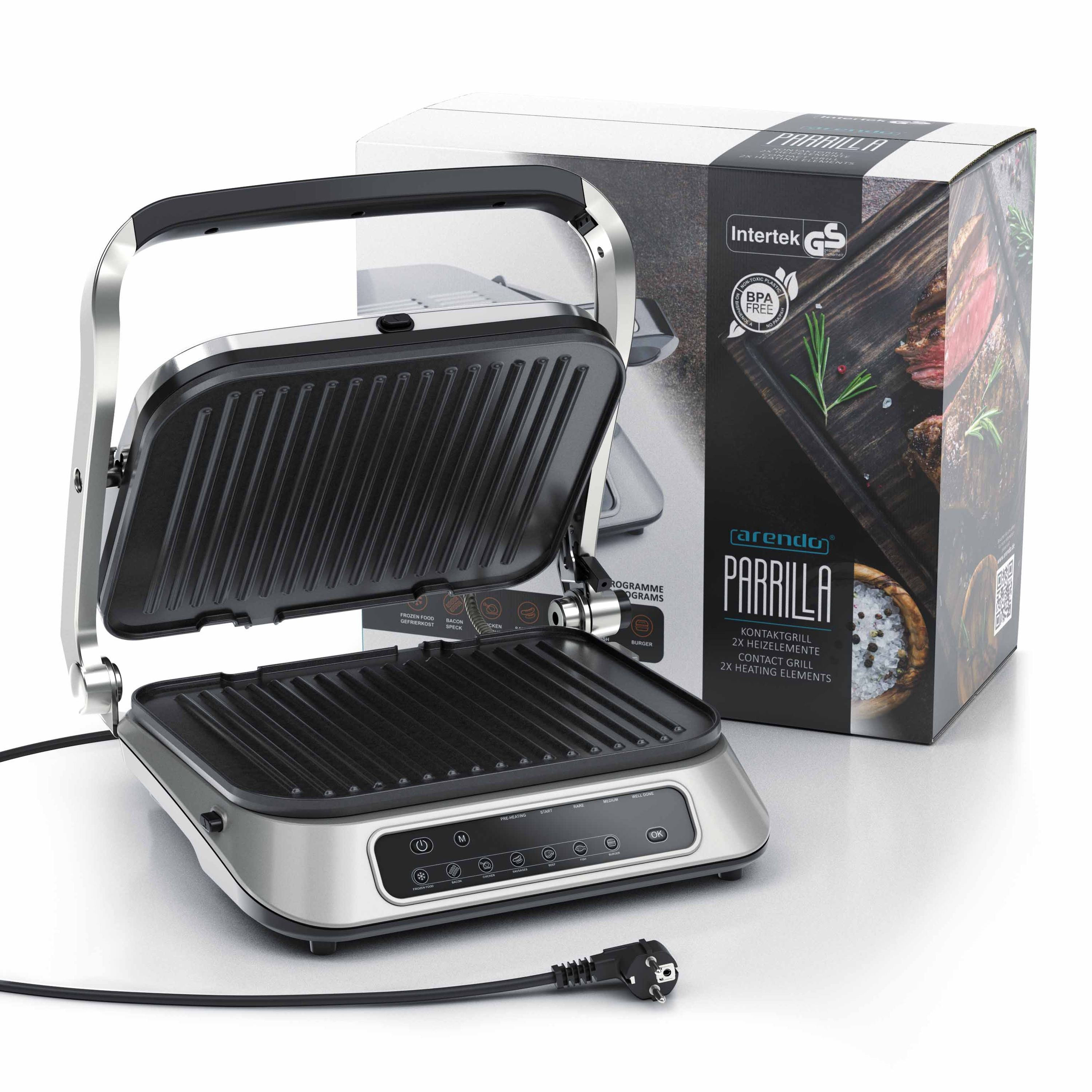 Offener Elektrogrill mit einer Box dahinter. Der Grill ist silber und schwarz. Die Box zeigt gegrilltes Fleisch und andere Lebensmittel.